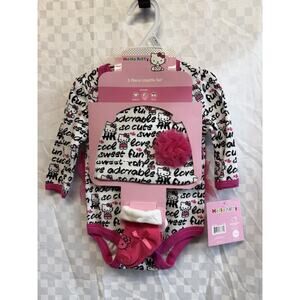 Hello Kitty 3 Piece Set Baby Girl One Piece 0-3 Months Hat And Glove Included
